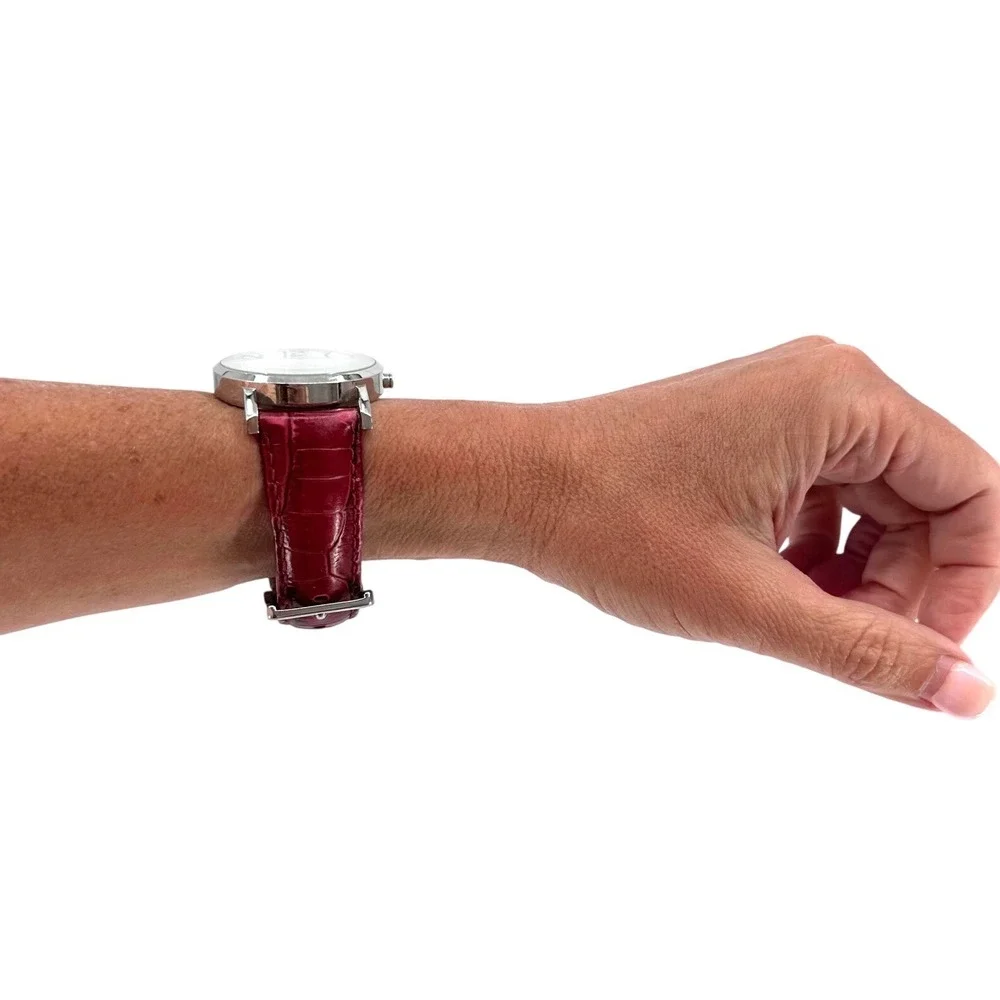 DKNY Women's Watch Burgundy Croc Embossed Leather Silver Tone New Battery